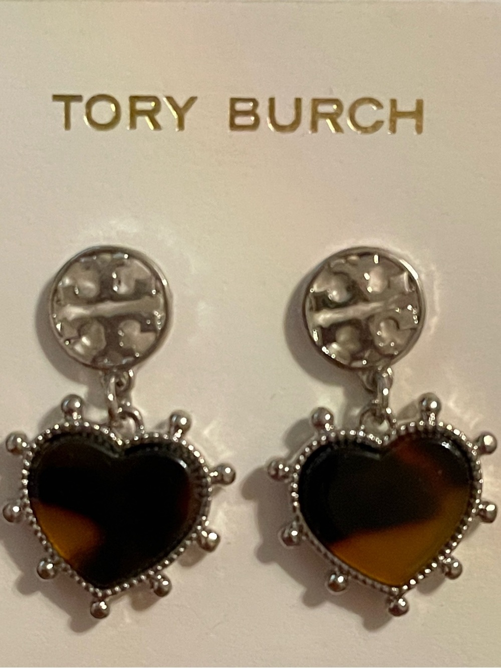 NWOT TORY BURCH RARE Silver Resin Brown Tortoise Heart Small Drop Earrings